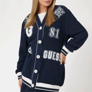 GUESS Blue Varsity Letter Cardigan Sweater